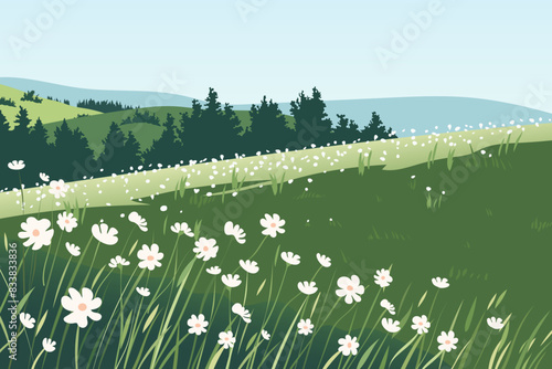 Beautiful landscape of a flower field. Flower meadows against the backdrop of forest and hills. Vector landscape illustration of summer floral field for design.