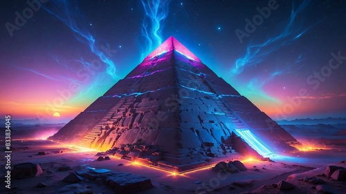 Bioluminescent Surreal Ancient Pyramid of Khufu at Giza with Neon Lights and Starry Night Sky. Generative AI photo