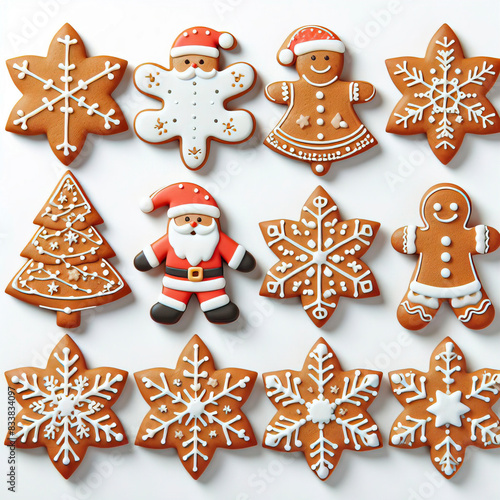Homemade christmas cookies on white background, top view