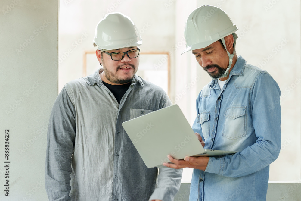 Two Asian male engineers with hard hats discussing project using laptop at construction site. Concrete wall background. Collaborative and focused atmosphere. Technology in construction concept. Two Asian male engineers with hard hats discussing project using laptop at construction site. Concrete wall background. Collaborative and focused atmosphere. Technology in construction concept.
