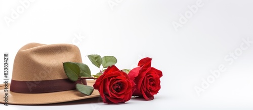 Brown hat and red rose disp...
