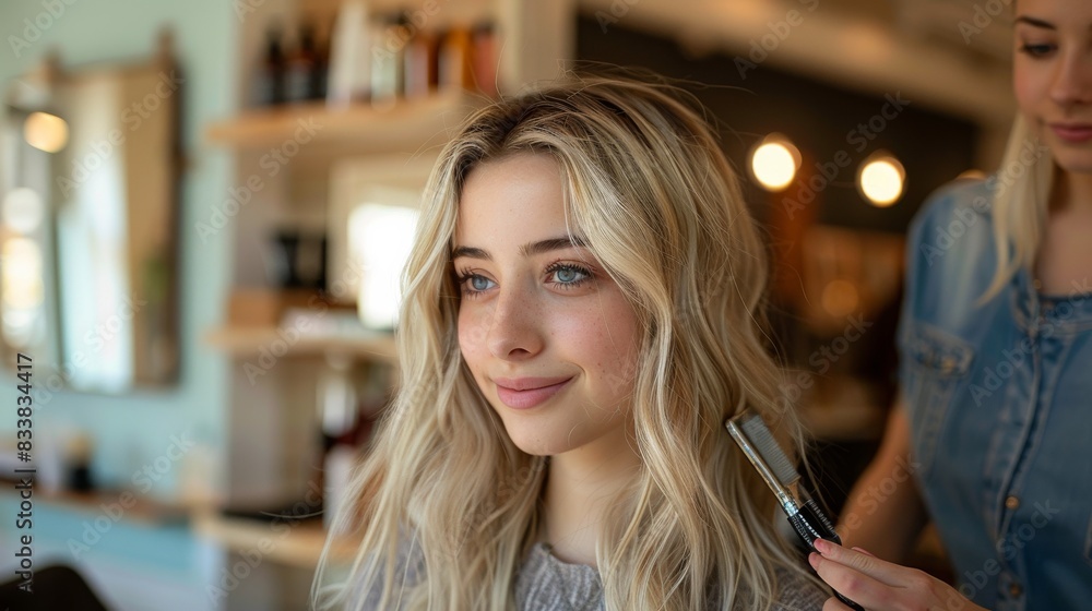 Stylist using a curling iron to create loose waves in a client's hair Stylist using a curling iron to create loose waves in a client's hair