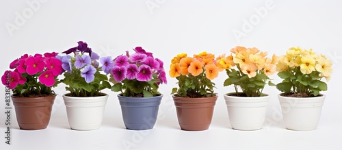 White background with flowers in plastic pots providing copy space image.