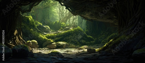 A secluded cave nestled in the forest with ample copy space image available.