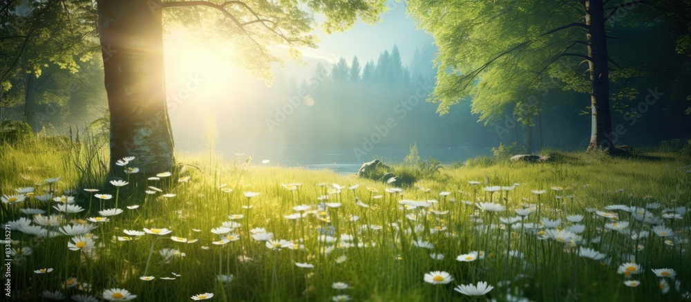 Forest daisies blooming in spring under a sunny sky with green grass in the background create a picturesque scene. with copy space image. Place for adding text or design Forest daisies blooming in spring under a sunny sky with green grass in the background create a picturesque scene. with copy space image. Place for adding text or design