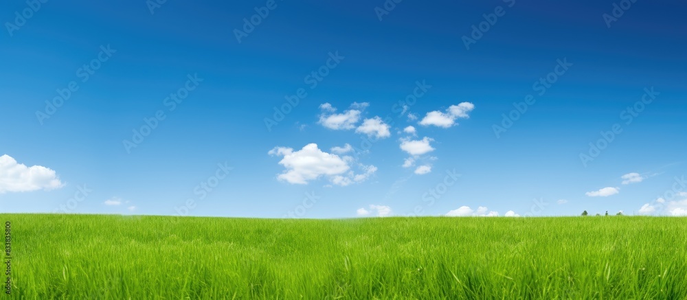 Field of lush green grass with a clear blue sky in the background, perfect for a copy space image. Field of lush green grass with a clear blue sky in the background, perfect for a copy space image.