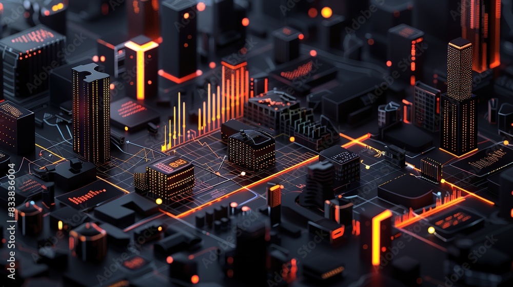 3D isometric data visualization with graphs and bar charts, buildings ...