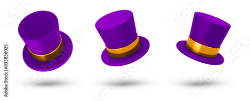 Set 3d rendering illustration of a purple Cylinder magic hat with golden ribbon. Vintage man fashion and magic show concept. Vector art isolated on white background
