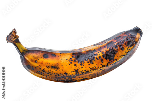 Close-up of a single, ripe, overripe banana with dark spots on its peel photo