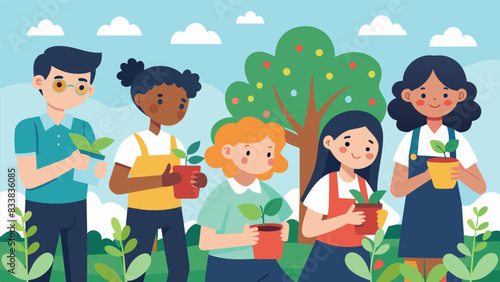 A group of students busy at work their hands filled with gardening tools as they plant trees in the schools garden.. Vector illustration
