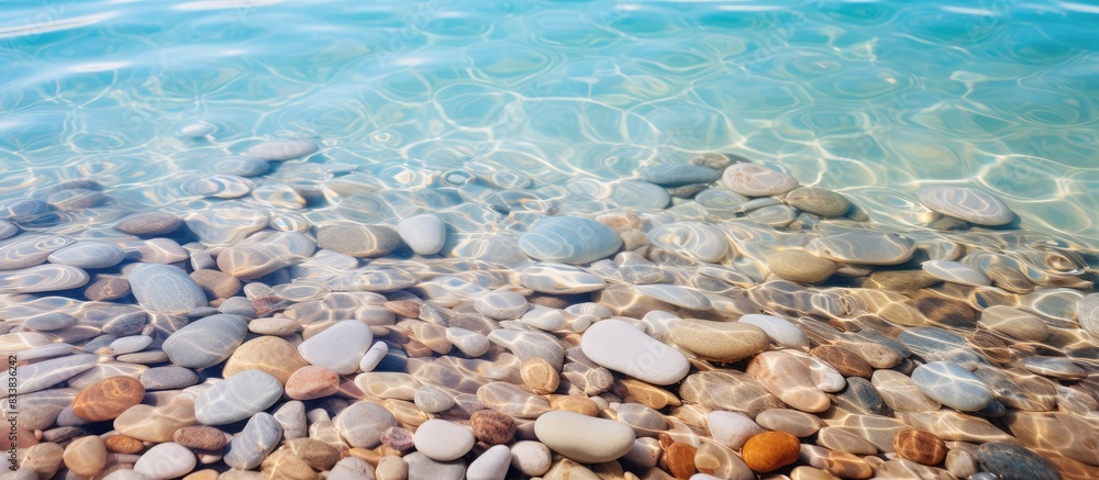 Close-up of smooth beach pebbles under clear water on the sand, creating a natural and tranquil vacation-themed copy space image. Close-up of smooth beach pebbles under clear water on the sand, creating a natural and tranquil vacation-themed copy space image.