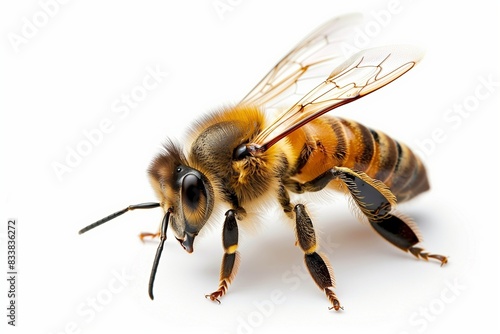 An HD close-up of a bee with detailed anatomy and delicate wings, isolated against a clean white backdrop. © Rafia