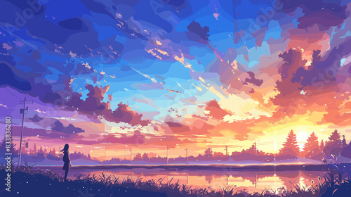 Woman standing by lake watching colorful sunset in illustration