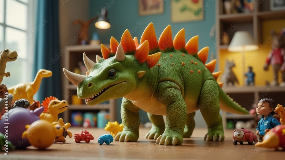 A Vibrant Toy Stegosaurus in a Child’s Playroom, Surrounded by Other Toy Animals and Action Figures, Photographed in Hyperrealistic Cinematic Style A Vibrant Toy Stegosaurus in a Child’s Playroom, Surrounded by Other Toy Animals and Action Figures, Photographed in Hyperrealistic Cinematic Style