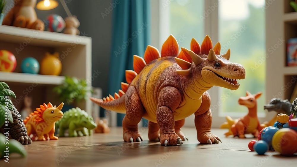 © Nikolaus - A Vibrant Toy Stegosaurus in a Child’s Playroom, Surrounded by Other Toy Animals and Action Figures, Photographed in Hyperrealistic Cinematic Style © Nikolaus - A Vibrant Toy Stegosaurus in a Child’s Playroom, Surrounded by Other Toy Animals and Action Figures, Photographed in Hyperrealistic Cinematic Style