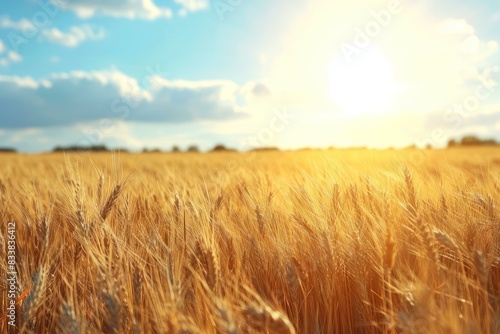 Warm sunlight bathes a ripe wheat field under a clear expansive sky