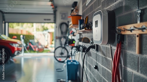 A man is charging his electric car in a garage