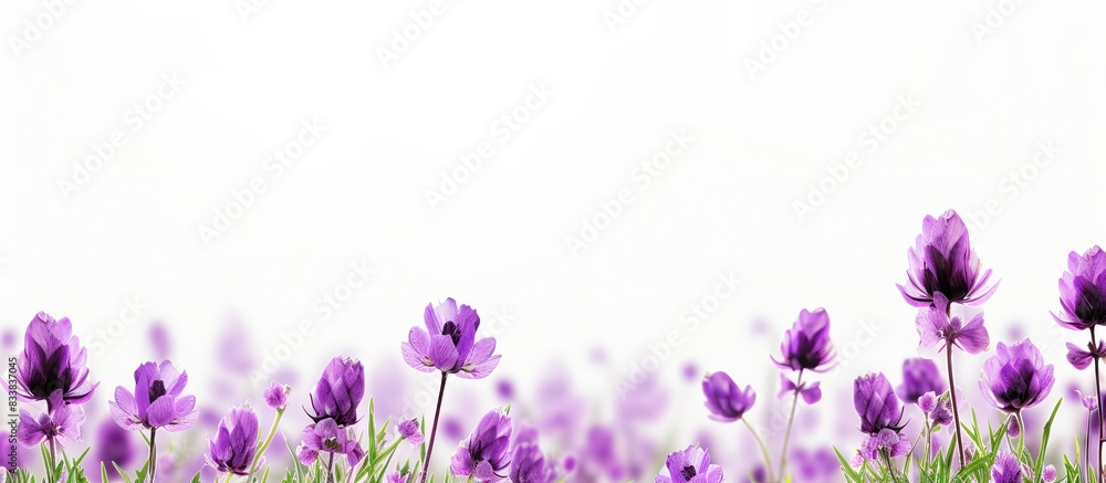 Naklejka premium Blooming purple flowers in a meadow, set against a white backdrop with copy space image.