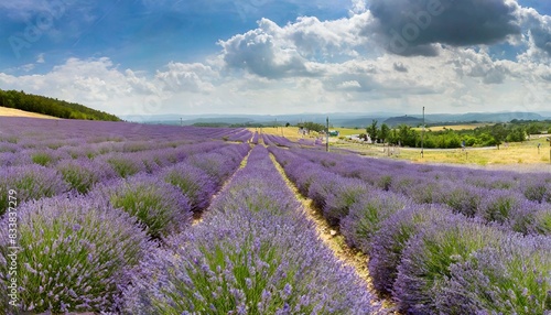 A panoramic view of a lavender field in full bloom. AI generated