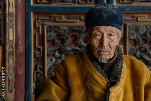 Elderly Asian Man in Traditional Clothing Sitting in Front of Ornate Wooden Panel