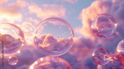 Wallpaper Mural Pastel blush pink sky hosting a collection of 3D geometric clear bubbles in neon hues, set in a minimalist style, ideal for creative and artistic visuals Torontodigital.ca