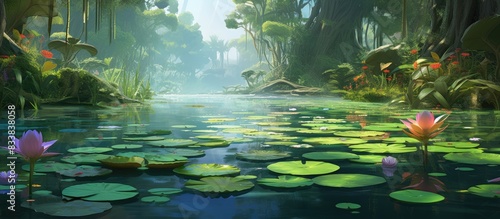 A serene pond surrounded by...