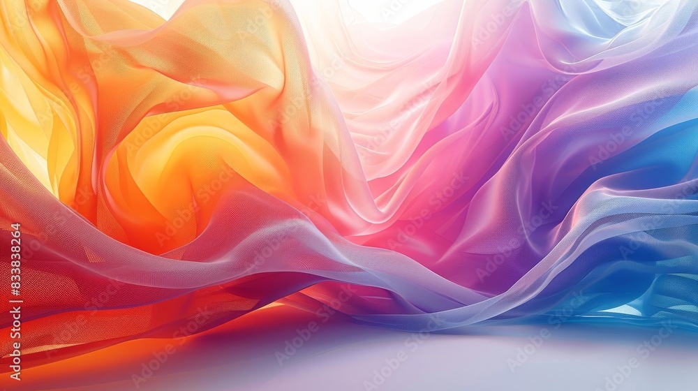 Visualize a 3D scene with an abstract, flowing multicolor spectrum pattern, depicted against a clear, soft backdrop, perfect for background illustrations in creative media Visualize a 3D scene with an abstract, flowing multicolor spectrum pattern, depicted against a clear, soft backdrop, perfect for background illustrations in creative media