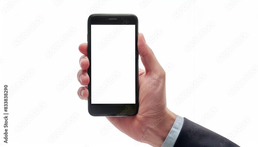 Front view close-up a hand holding smartphone with blank screen and black frame isolated on white background Front view close-up a hand holding smartphone with blank screen and black frame isolated on white background