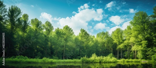 Obraz na płótnie Lush green forest with clear blue sky overhead, creating a serene natural setting with a vast copy space image. w salonie