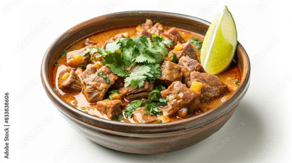 A bowl of meat and vegetables with a lime wedge on the side A bowl of meat and vegetables with a lime wedge on the side
