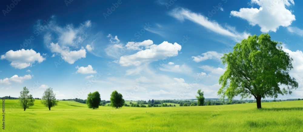 Scenic view of beautiful blue sky, lush green trees, and fresh air with copy space image. Scenic view of beautiful blue sky, lush green trees, and fresh air with copy space image.