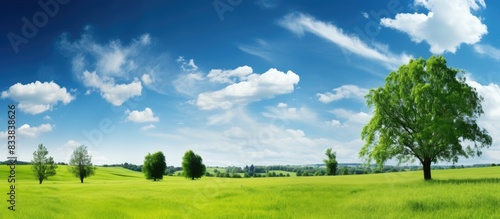 Scenic view of beautiful blue sky, lush green trees, and fresh air with copy space image.