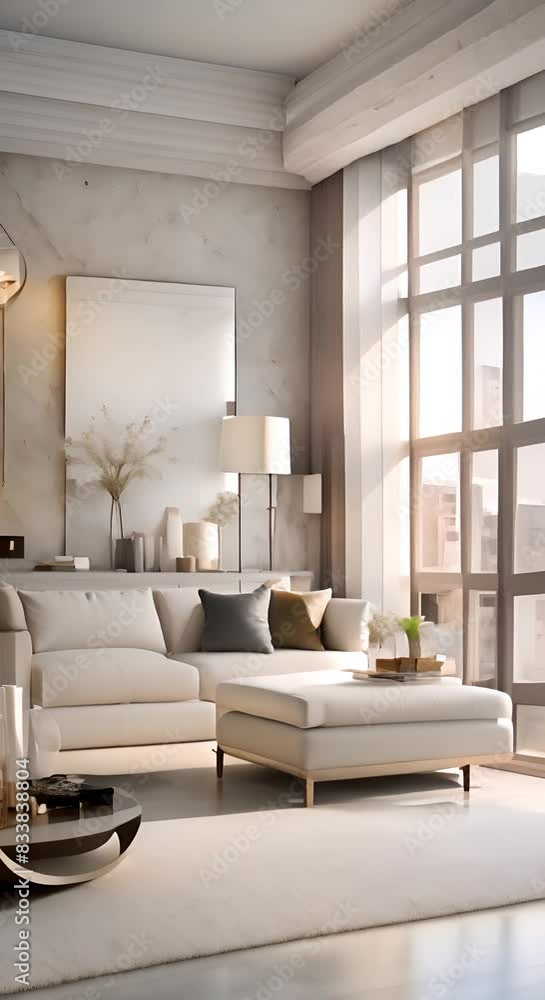 Modern interior design of scandinavian apartment living room with yellow sofa sideboard and black armchair 3d animation rendering Modern interior design of scandinavian apartment living room with yellow sofa sideboard and black armchair 3d animation rendering