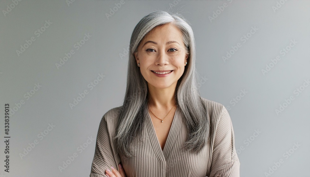 Happy smiling stylish confident 50 years old Asian female professional standing looking at camera at gray background. Portrait of sophisticated grey hair woman advertising products Happy smiling stylish confident 50 years old Asian female professional standing looking at camera at gray background. Portrait of sophisticated grey hair woman advertising products