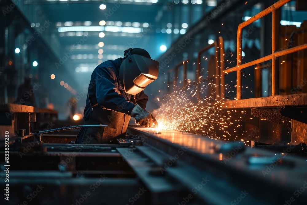 Skilled welder is focused on welding metal with bright sparks flying around in a dimly-lit industrial environment Skilled welder is focused on welding metal with bright sparks flying around in a dimly-lit industrial environment