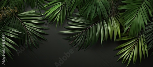 Capture a bird s-eye view of tropical palm leaves arranged for a flat lay composition with copy space image.