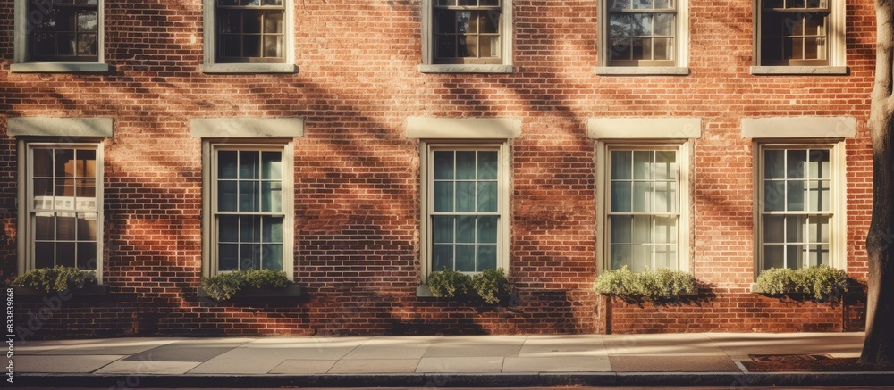 Charming brick houses feature beautiful, old windows with a vintage vibe, creating a picturesque scene perfect for a copy space image.