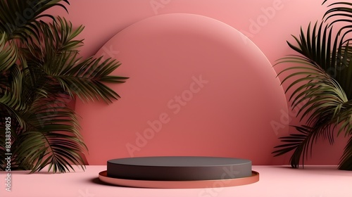 Minimalistic and stylish pink abstract podium with tropical plants for product presentation