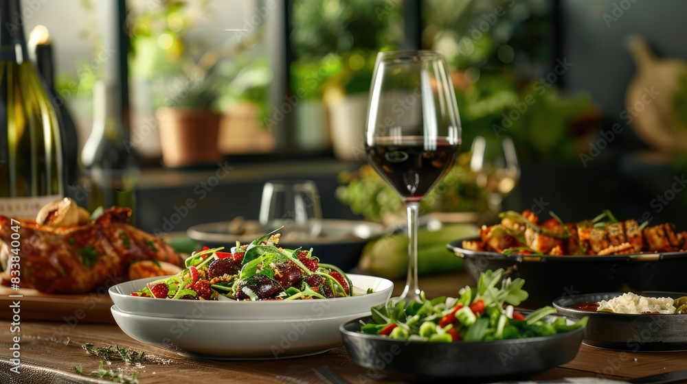 Elegant Dining Table with Food, Wine, and Salad Elegant Dining Table with Food, Wine, and Salad