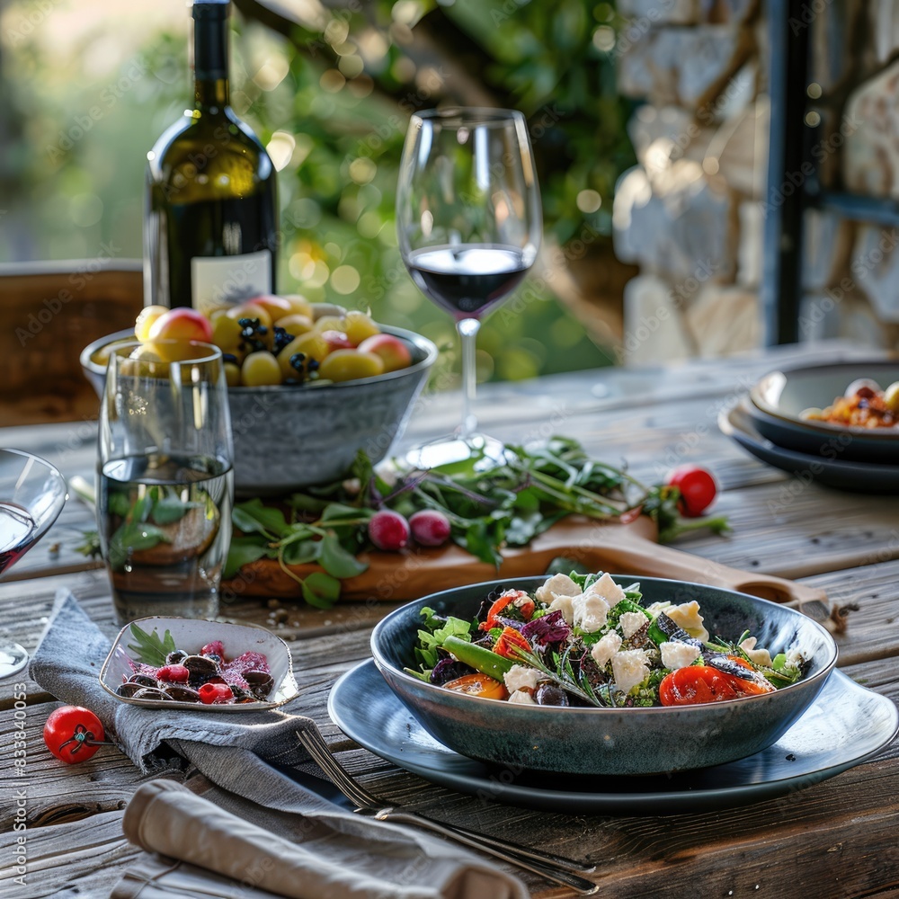 Elegant Dining Table with Food, Wine, and Salad Elegant Dining Table with Food, Wine, and Salad