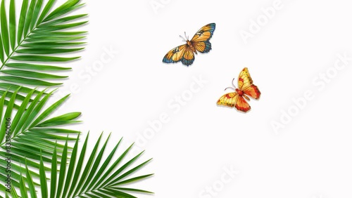 Animated Butterfly In A Playful Dance Around A Verdant Palm Leaves