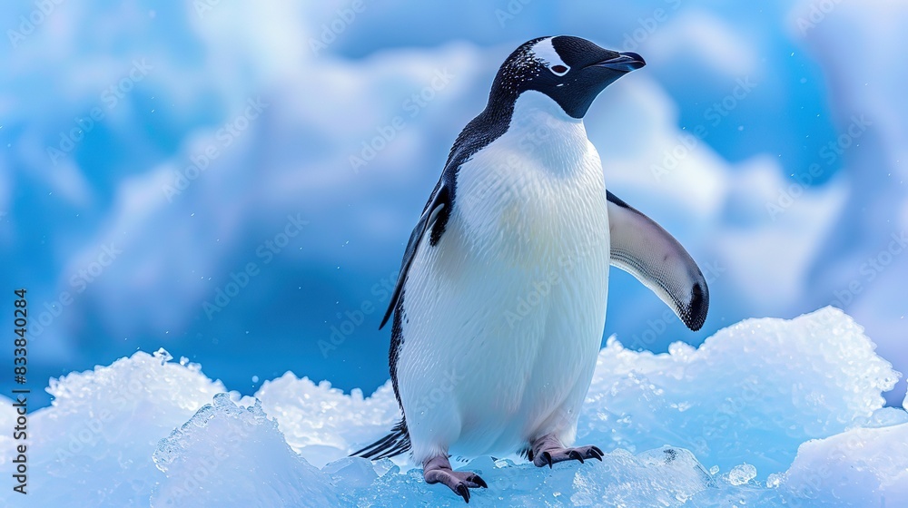 Obraz premium Wonderful A penguin is standing in the water with mountains in the background