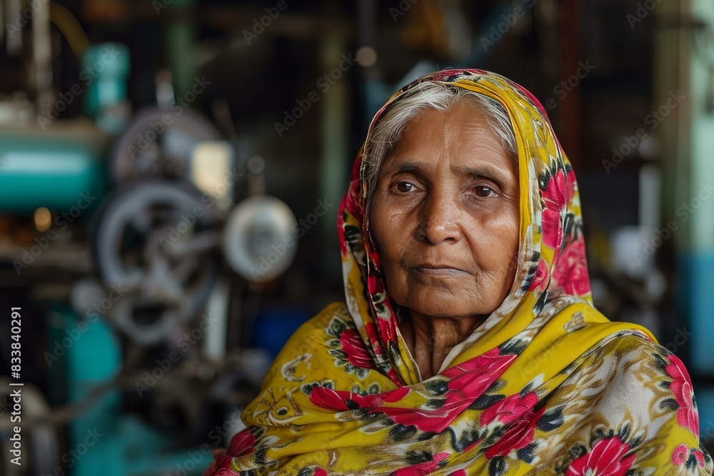 Portrait of a contemplative elderly woman in a vibrant scarf, with a blurred industrial background Portrait of a contemplative elderly woman in a vibrant scarf, with a blurred industrial background