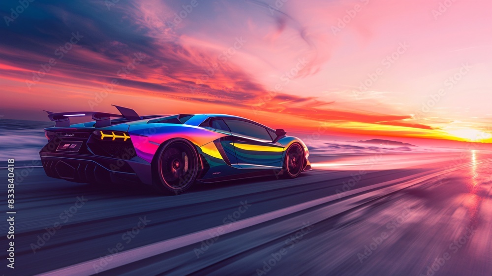 24. An exotic car with a rainbow gradient finish, cruising along a scenic coastal road with a vibrant, colorful sunset 24. An exotic car with a rainbow gradient finish, cruising along a scenic coastal road with a vibrant, colorful sunset