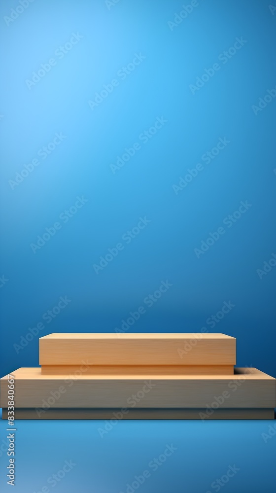 Minimal wooden platform for beauty and spa ads on blue background Minimal wooden platform for beauty and spa ads on blue background