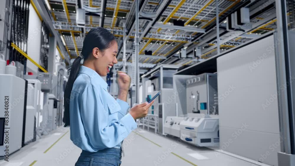 Side View Of An Asian Female Professional Worker Standing With Her Smartphone at Factory Digitalization for Innovative Project, She Raises Her Fist Up With Screaming Goal After Check On The Smartphone Side View Of An Asian Female Professional Worker Standing With Her Smartphone at Factory Digitalization for Innovative Project, She Raises Her Fist Up With Screaming Goal After Check On The Smartphone