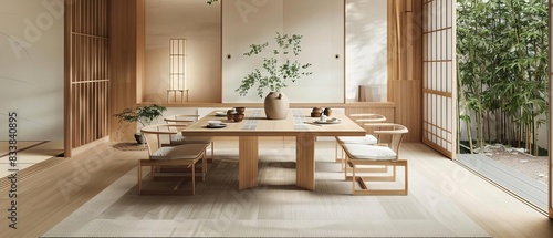 A Japandi dining area with a sleek wooden dining table © Suphakorn