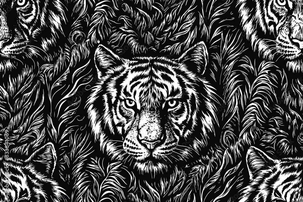 Fototapeta premium Intricate Seamless Black Tiger Pattern with Bold Monochrome Stripes for Graphic Design and Textile Art