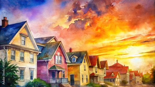 Sunset over colorful Victorian clapboard houses in Charlottetown, Prince Edward Island, Canada , sunset, Victorian, Charlottetown, Prince Edward Island, Canada, colorful, houses photo