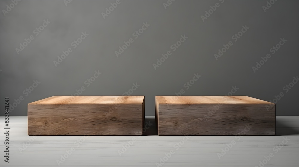 Luxury wooden platform for product showcase on grey background Luxury wooden platform for product showcase on grey background